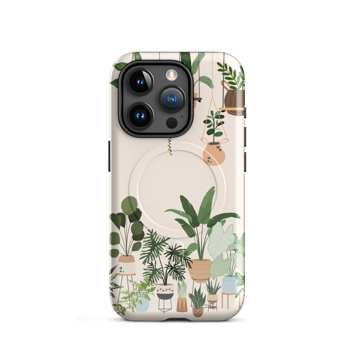 Magnetic Phone Case for iPhone featuring botanical design with potted plants and hanging planters, perfect for nature art lovers.