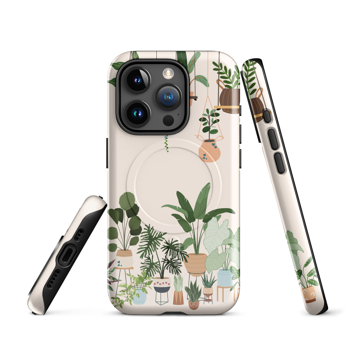 Magnetic Phone Case for iPhone with botanical design, featuring illustrated hanging planters and potted plants.