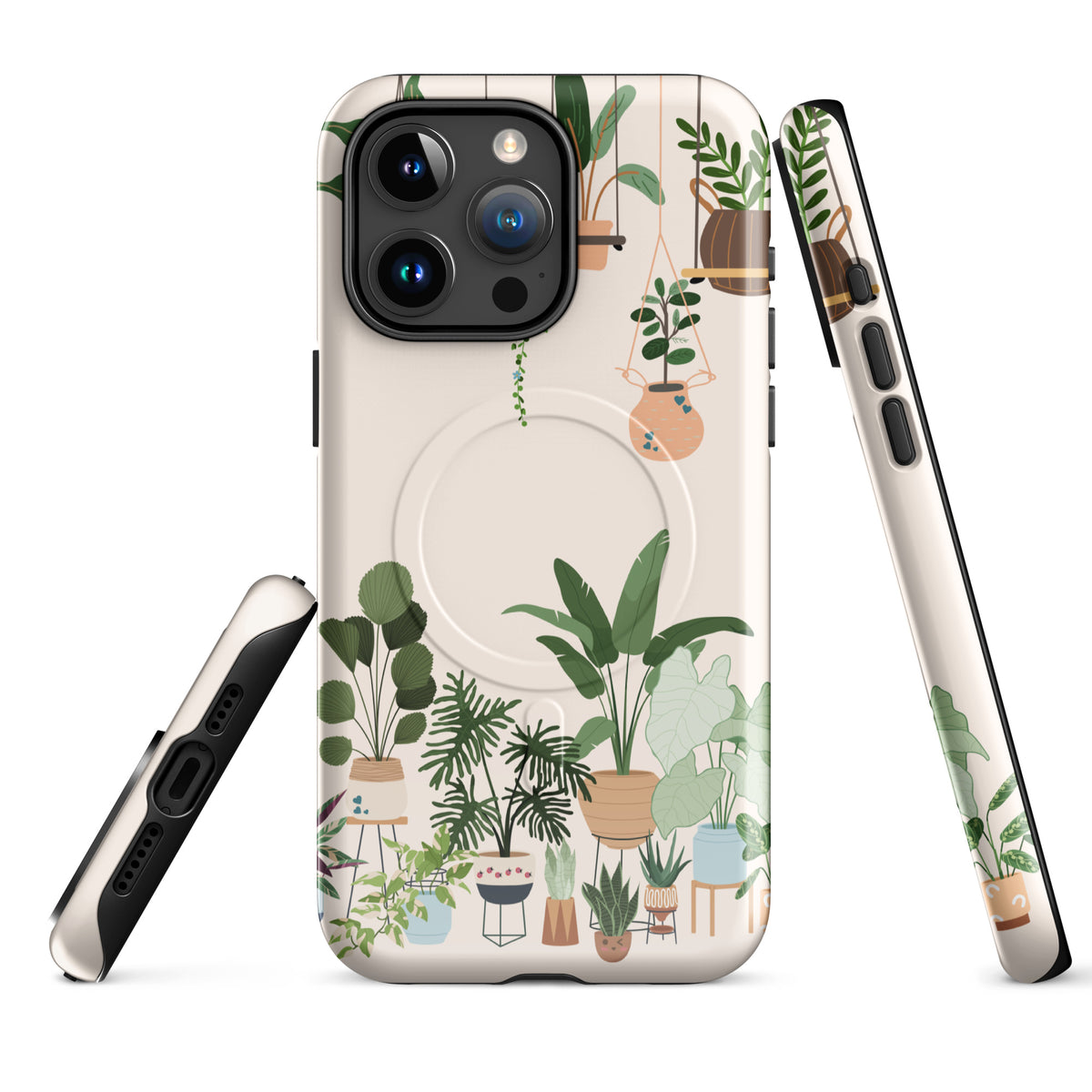 Magnetic Phone Case for iPhone with botanical plant design featuring potted greenery and hanging planters, Botanical Bliss theme.