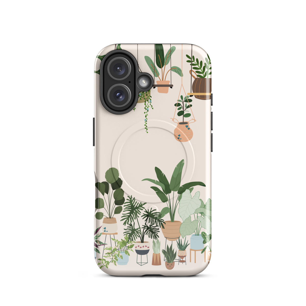Magnetic Phone Case for iPhone with botanical design featuring hanging planters and potted plants, Botanical Bliss collection.