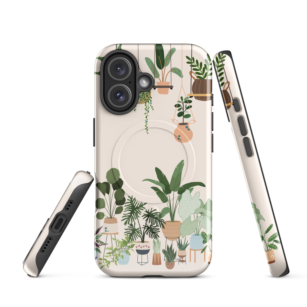 Magnetic Phone Case for iPhone with botanical design, featuring illustrated greenery and hanging planters.