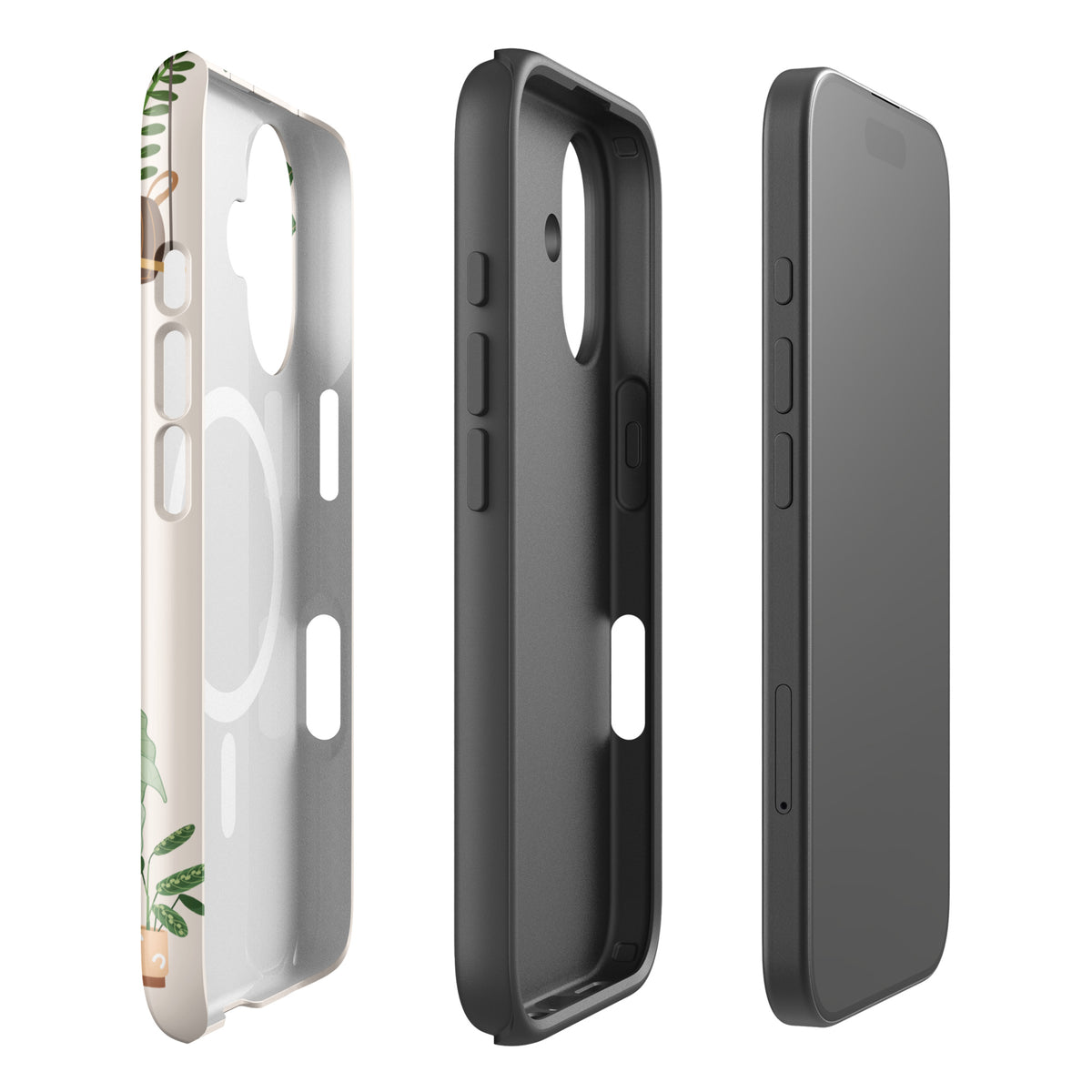 Magnetic Phone Case for iPhone with botanical design, featuring greenery illustrations and hanging planters, showcasing all views