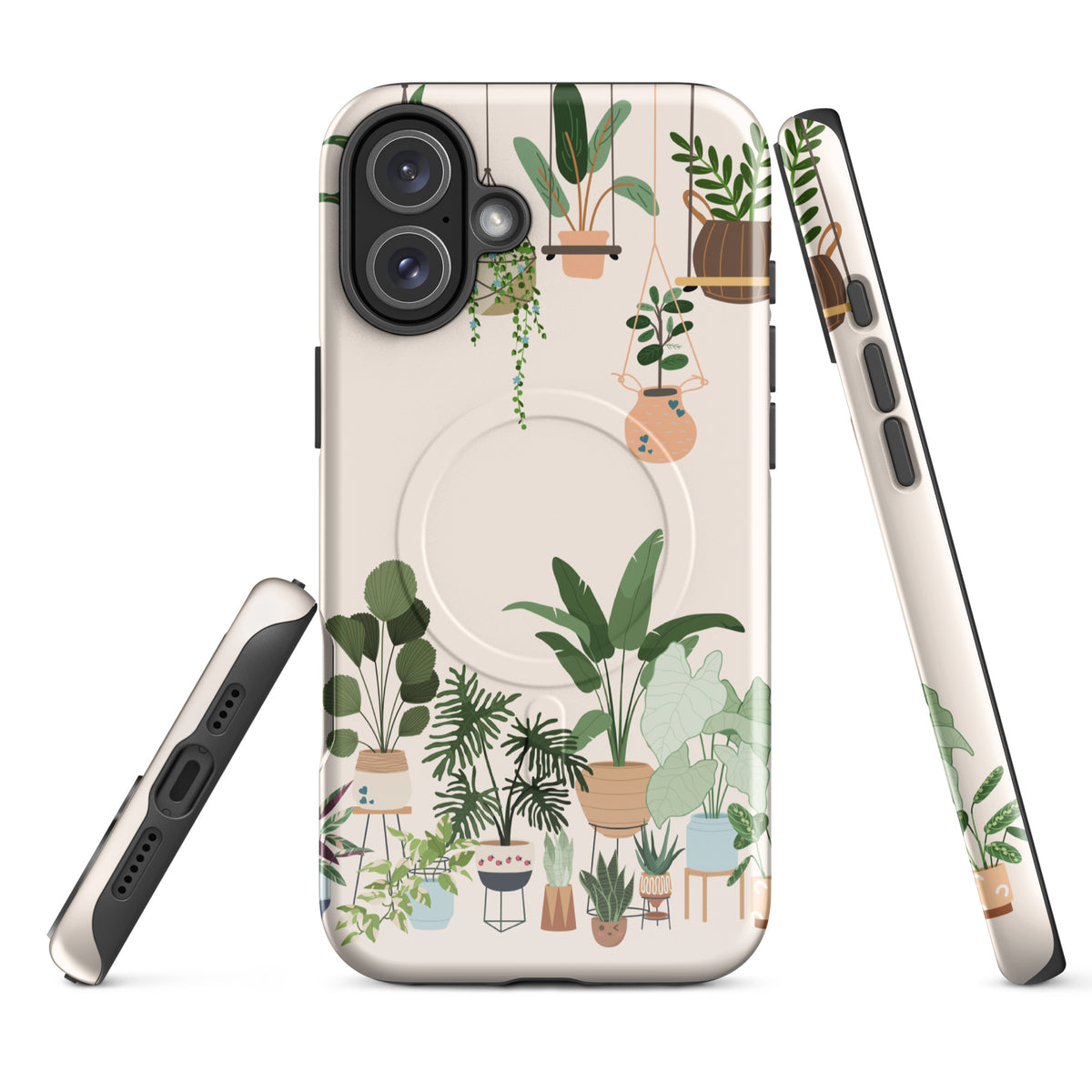 Magnetic Phone Case for iPhone with botanical design, featuring illustrated greenery and hanging planters, Botanical Bliss collection.