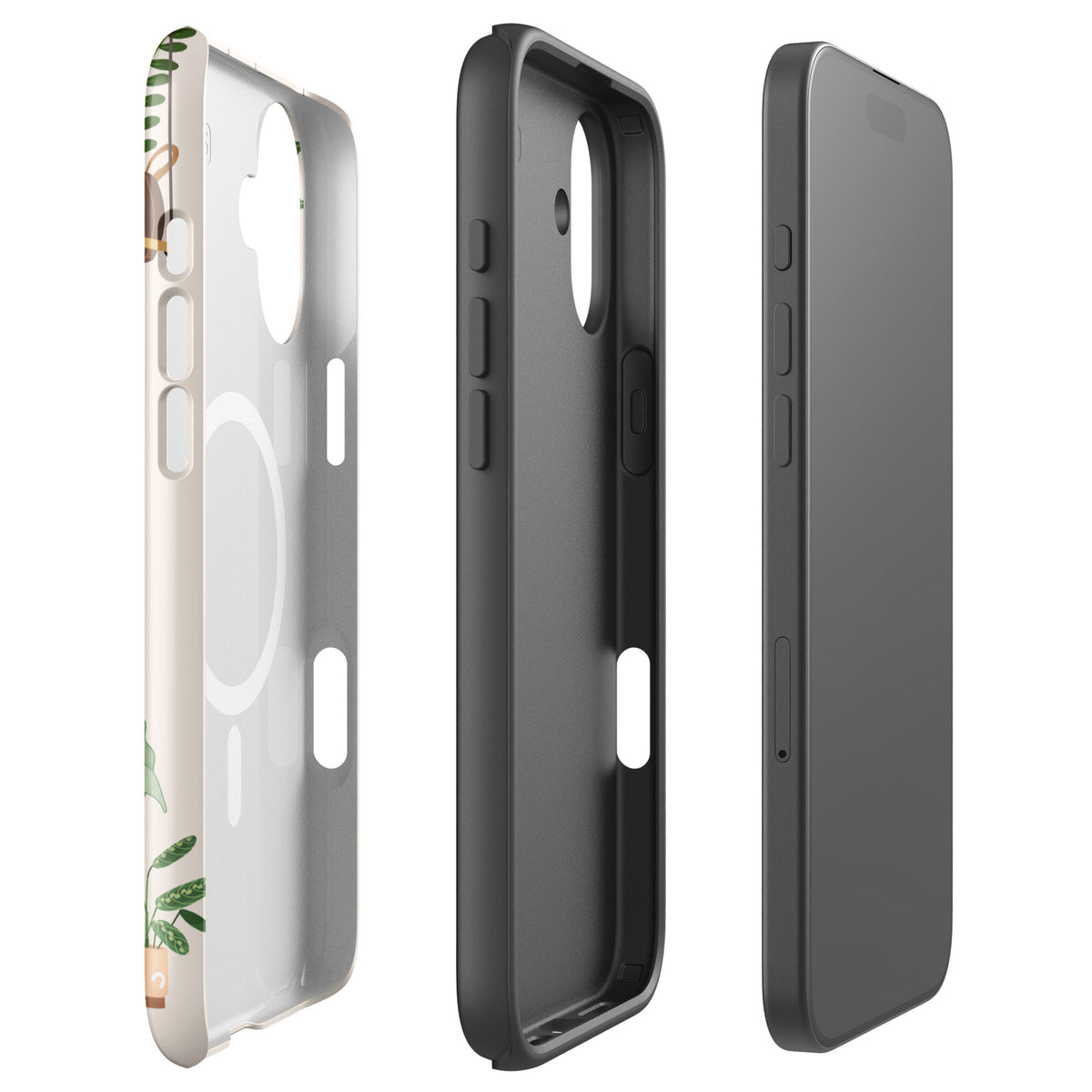 Magnetic Phone Case for iPhone with botanical plant design, showing three angles.