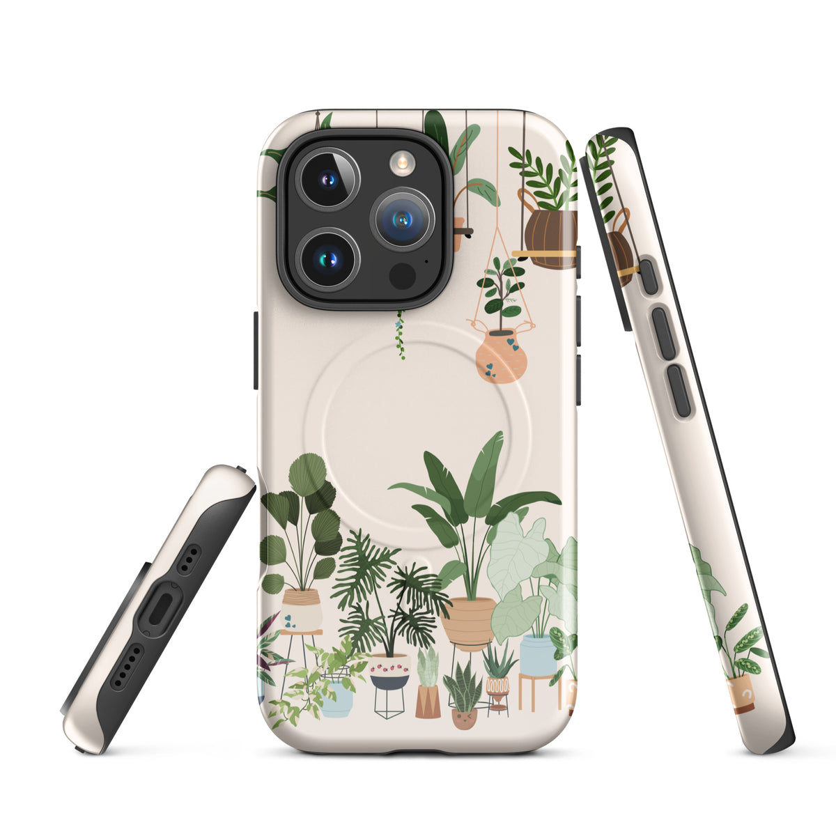 Magnetic Phone Case for iPhone - Botanical Bliss with plant-themed design and illustrated greenery, featuring hanging planters.