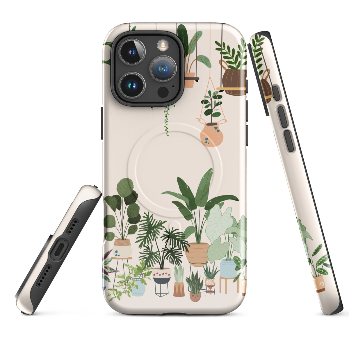 Magnetic Phone Case for iPhone with botanical plant design, featuring hanging planters and potted greenery for nature lovers.