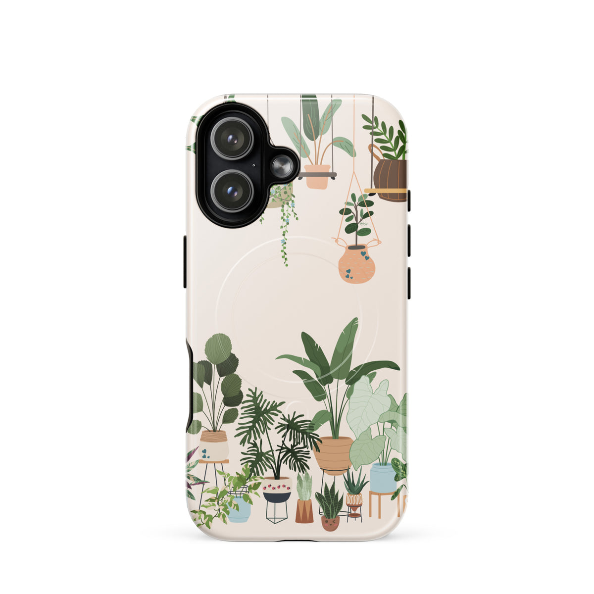 Magnetic Phone Case for iPhone with botanical design featuring illustrated greenery and hanging planters, Botanical Bliss collection