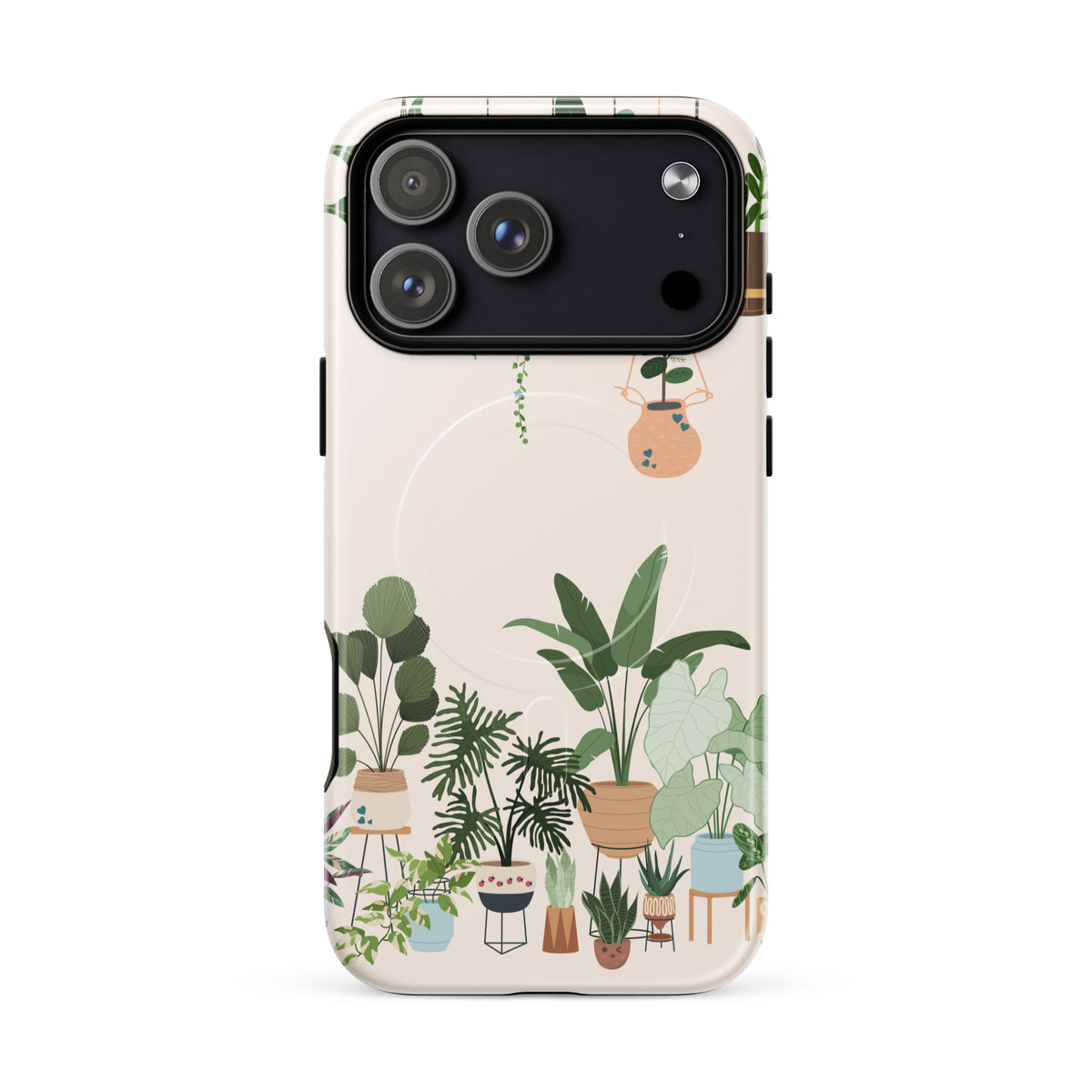 Magnetic Phone Case for iPhone with botanical plant illustrations, featuring hanging planters. Perfect for nature lovers.
