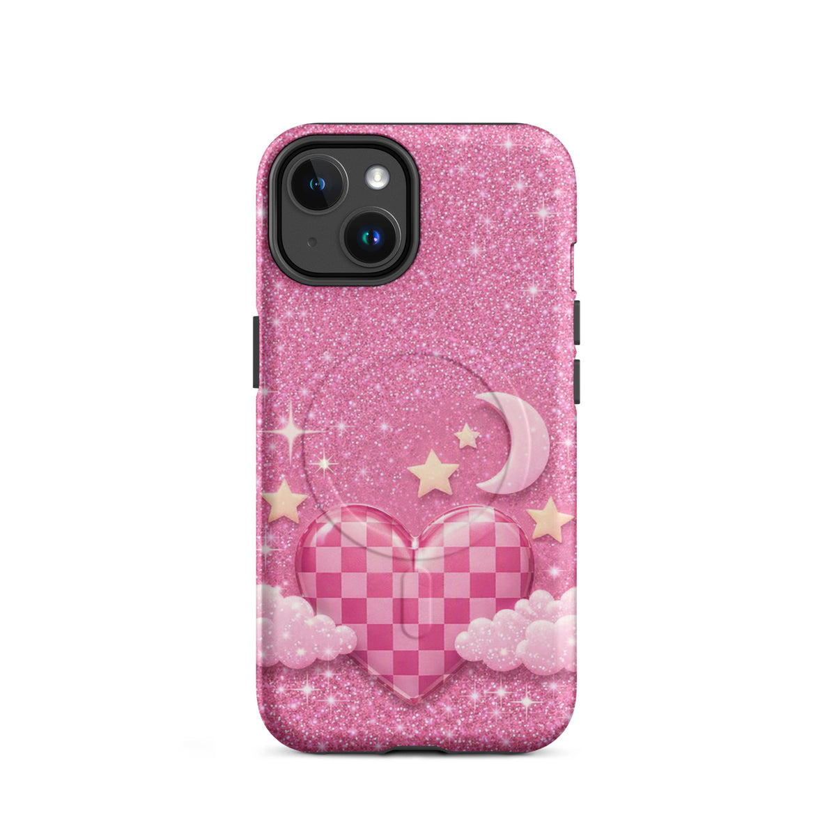 Magnetic Phone Case for iPhone - Pink Checkered Heart Glitter Dream