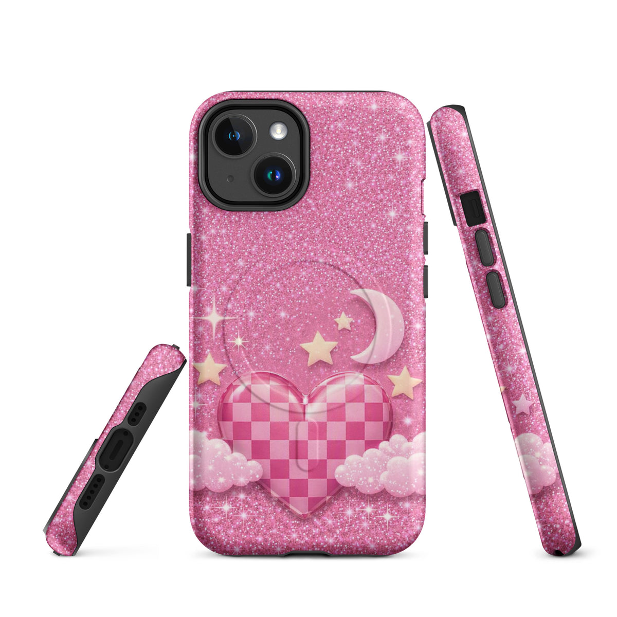 Magnetic Phone Case for iPhone - Pink Checkered Heart Glitter Dream