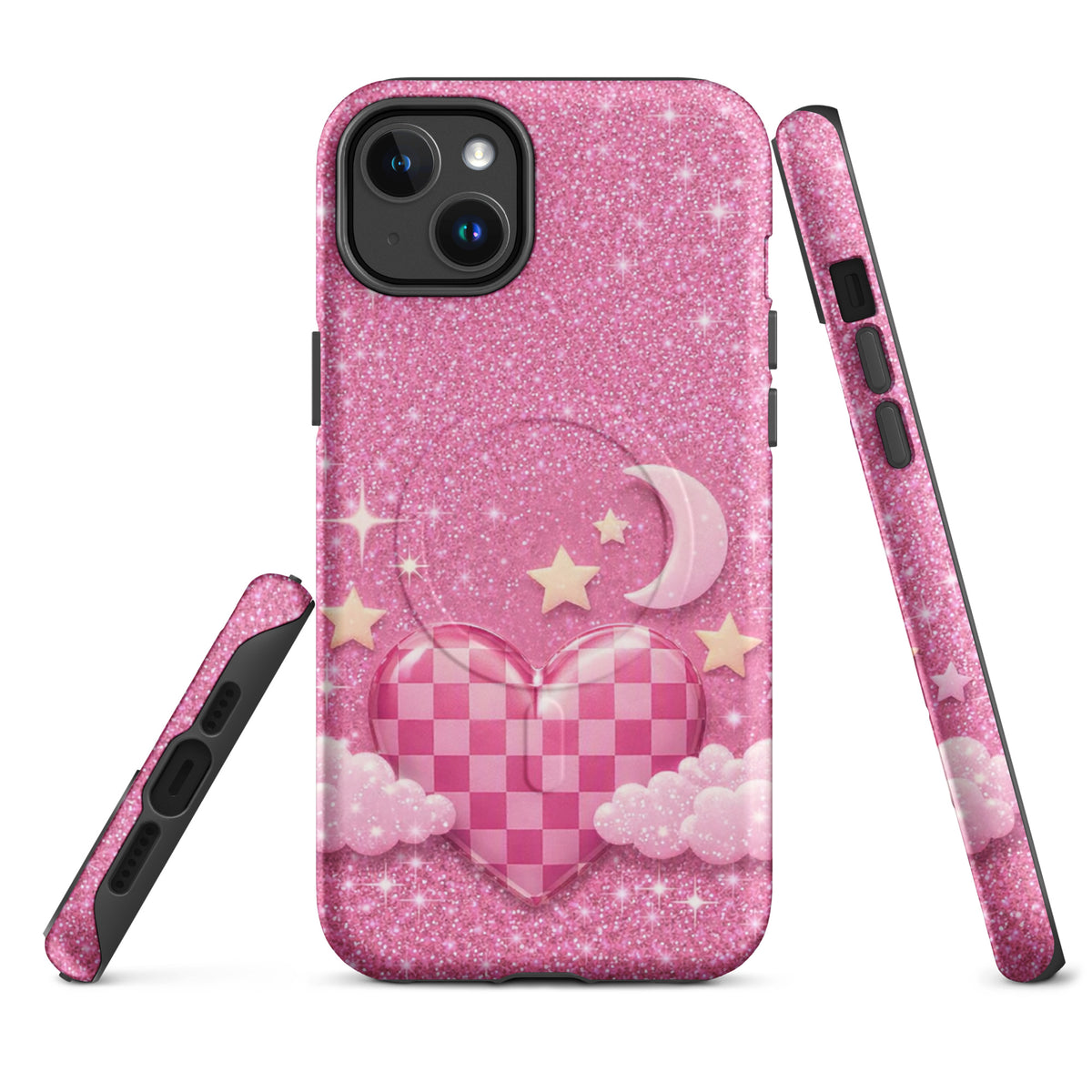 Magnetic Phone Case for iPhone - Pink Checkered Heart Glitter Dream
