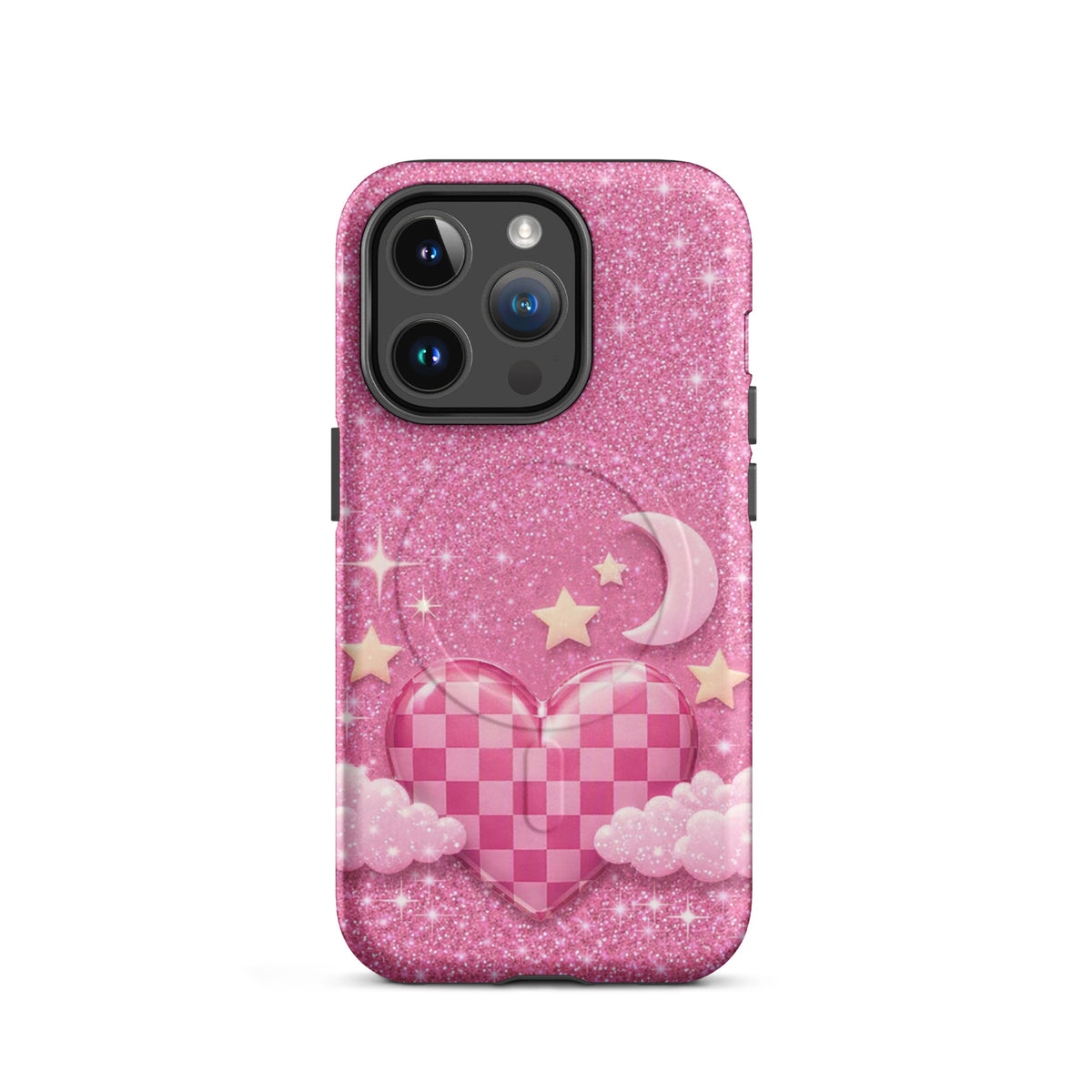 Magnetic Phone Case for iPhone - Pink Checkered Heart Glitter Dream