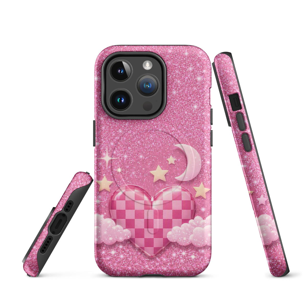 Magnetic Phone Case for iPhone - Pink Checkered Heart Glitter Dream