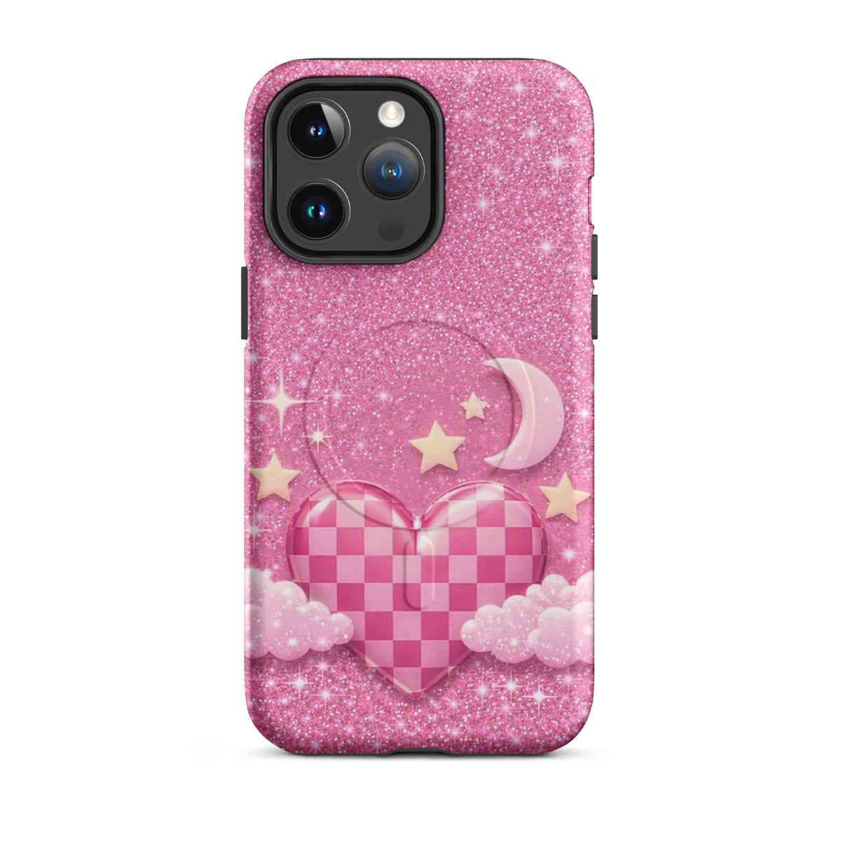 Magnetic Phone Case for iPhone - Pink Checkered Heart Glitter Dream