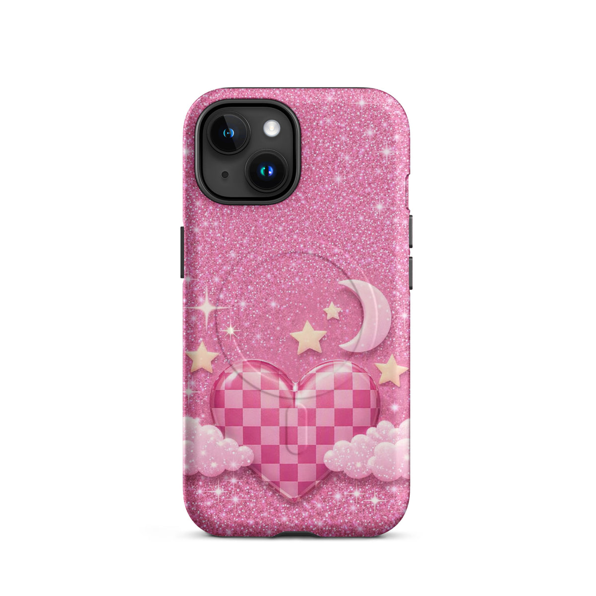 Magnetic Phone Case for iPhone - Pink Checkered Heart Glitter Dream
