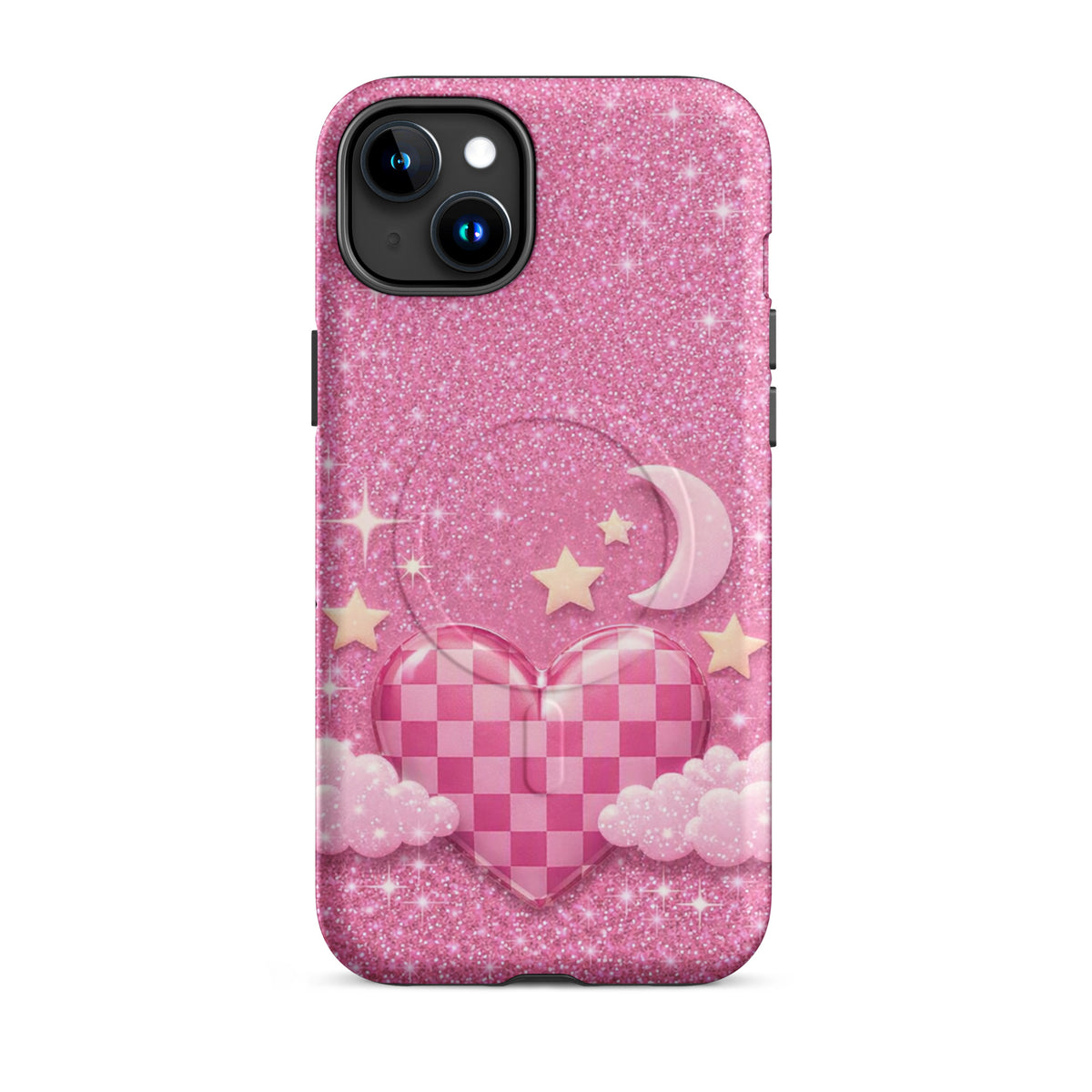 Magnetic Phone Case for iPhone - Pink Checkered Heart Glitter Dream