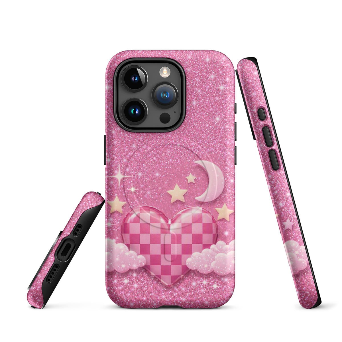 Magnetic Phone Case for iPhone - Pink Checkered Heart Glitter Dream