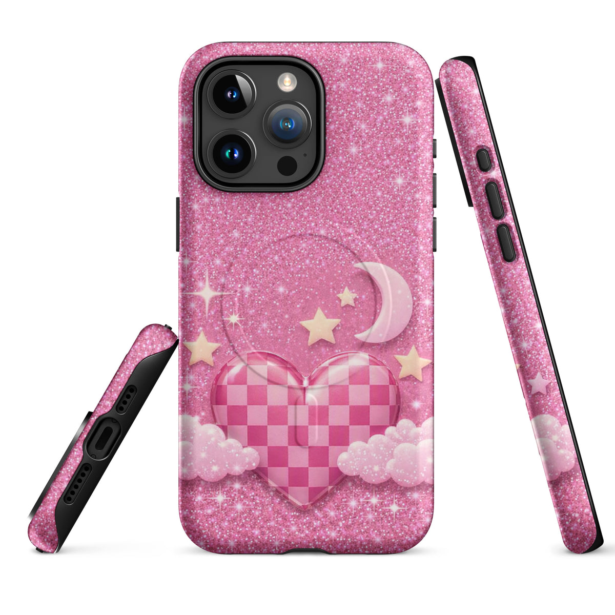 Magnetic Phone Case for iPhone - Pink Checkered Heart Glitter Dream