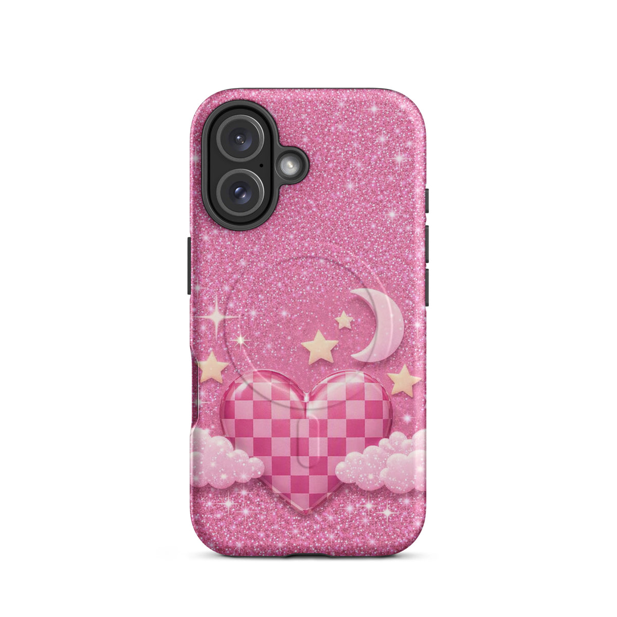 Magnetic Phone Case for iPhone - Pink Checkered Heart Glitter Dream