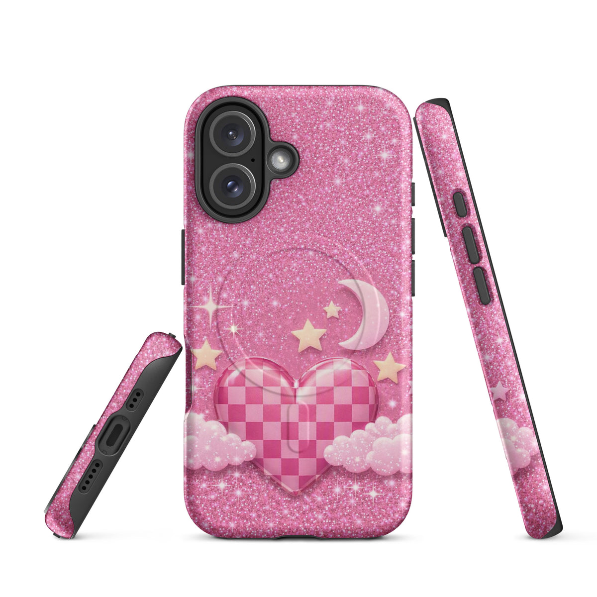 Magnetic Phone Case for iPhone - Pink Checkered Heart Glitter Dream