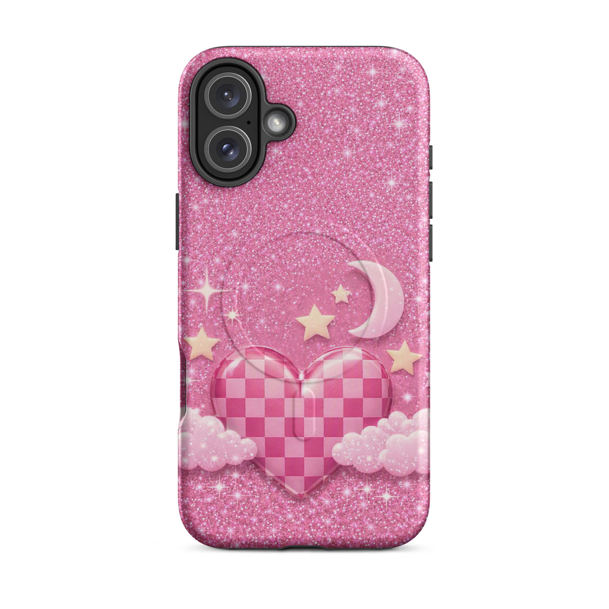 Magnetic Phone Case for iPhone - Pink Checkered Heart Glitter Dream