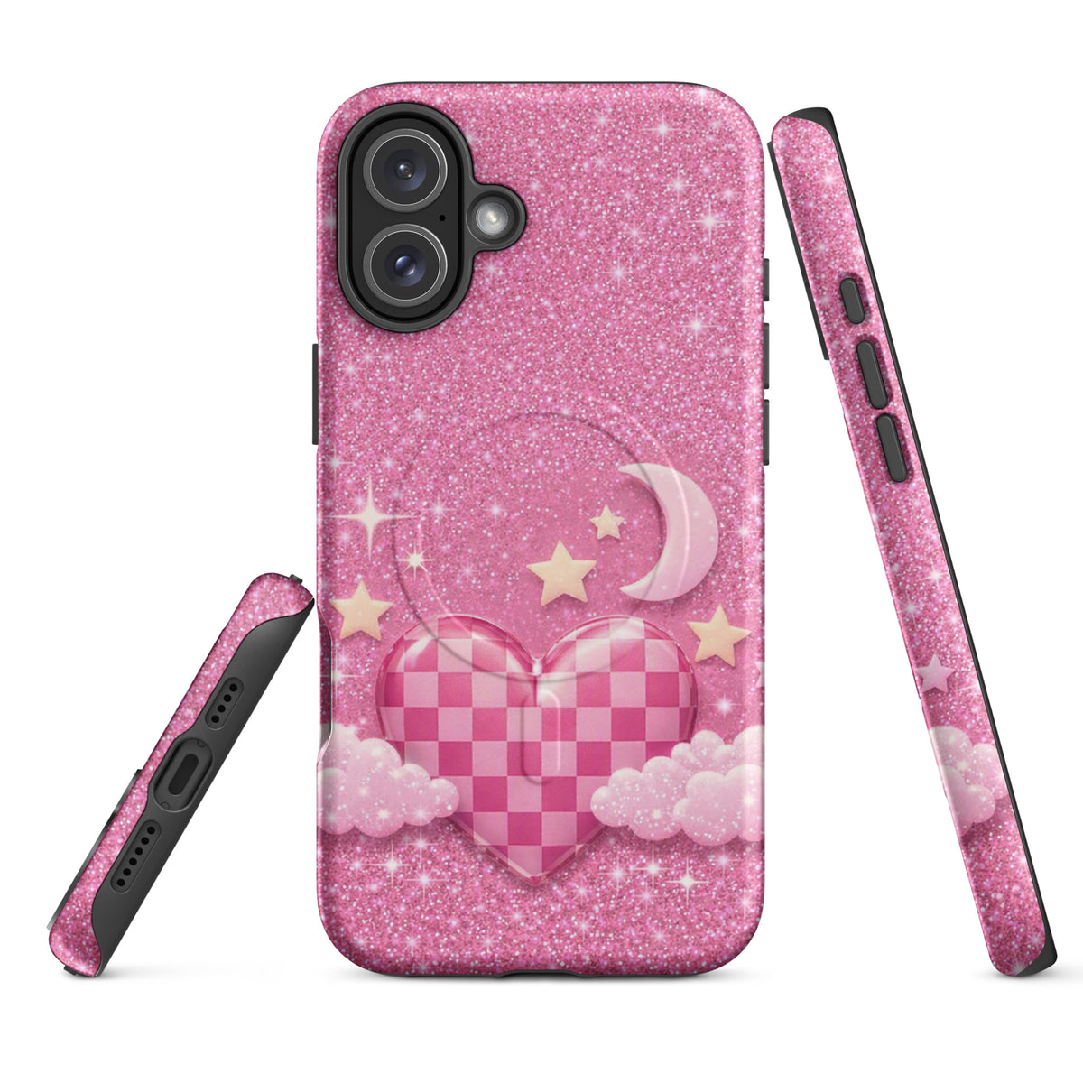 Magnetic Phone Case for iPhone - Pink Checkered Heart Glitter Dream