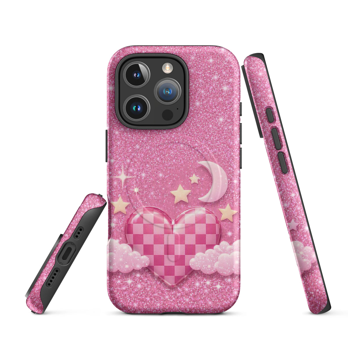 Magnetic Phone Case for iPhone - Pink Checkered Heart Glitter Dream