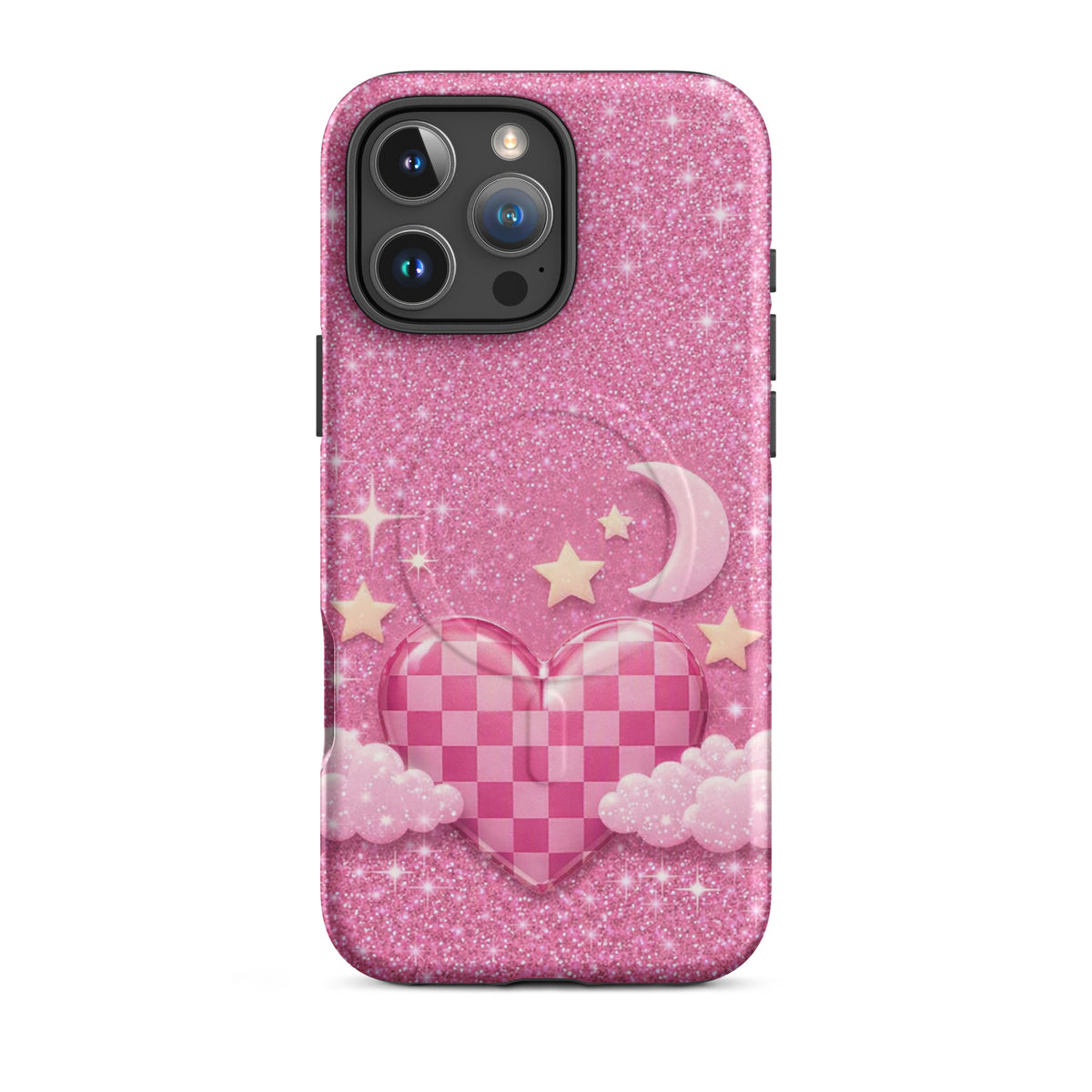 Magnetic Phone Case for iPhone - Pink Checkered Heart Glitter Dream