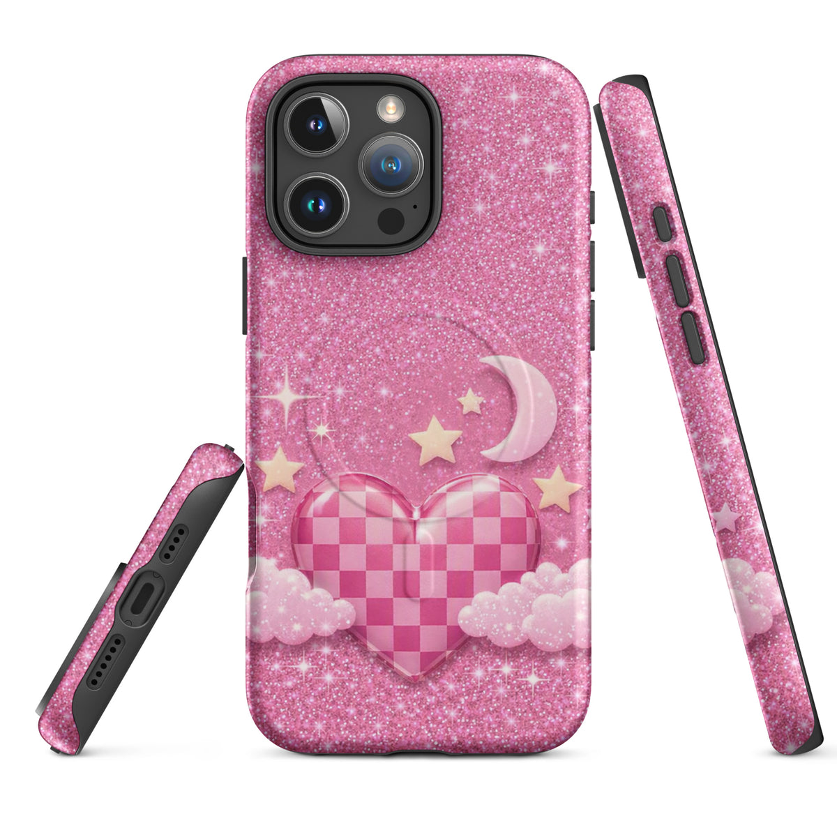 Magnetic Phone Case for iPhone - Pink Checkered Heart Glitter Dream