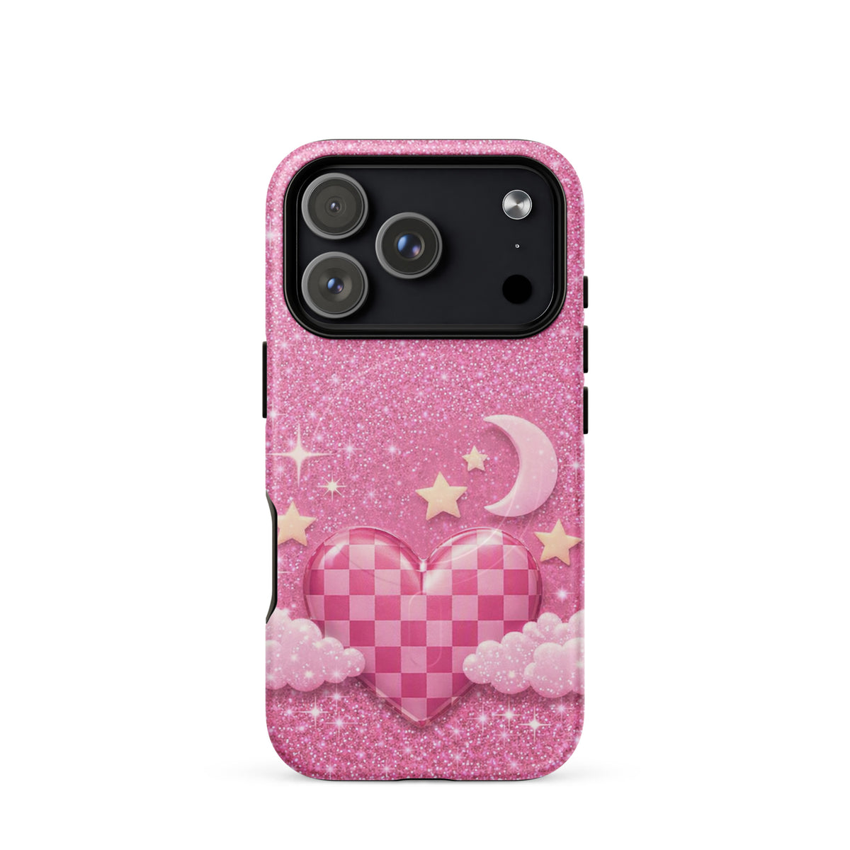 Magnetic Phone Case for iPhone - Pink Checkered Heart Glitter Dream