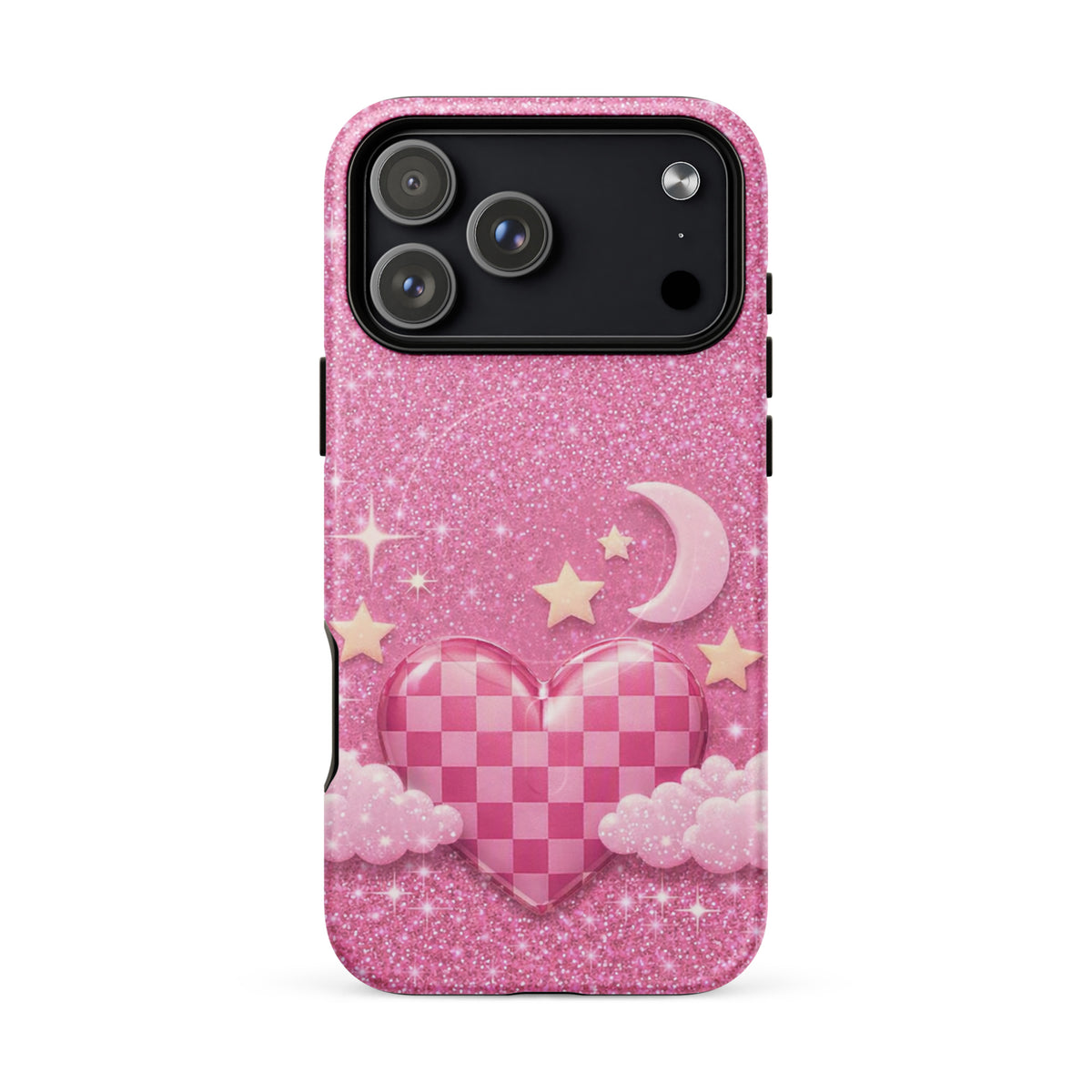 Magnetic Phone Case for iPhone - Pink Checkered Heart Glitter Dream