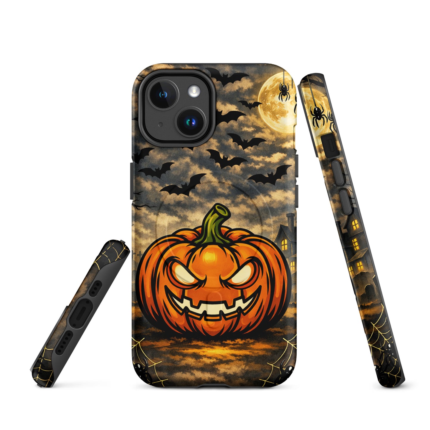 Magnetic Phone Case with glowing pumpkin, bats, and haunted house in Halloween theme for iPhone.