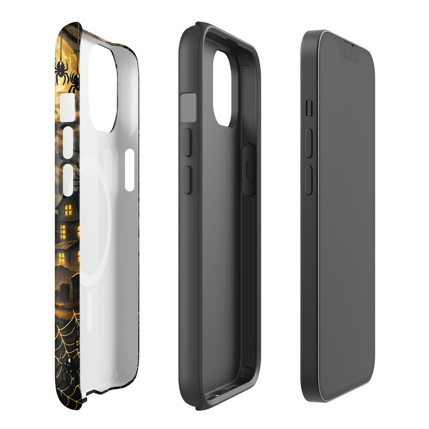 Magnetic Phone Case with Halloween design featuring haunted house, jack-o'-lantern, and bats for iPhone.