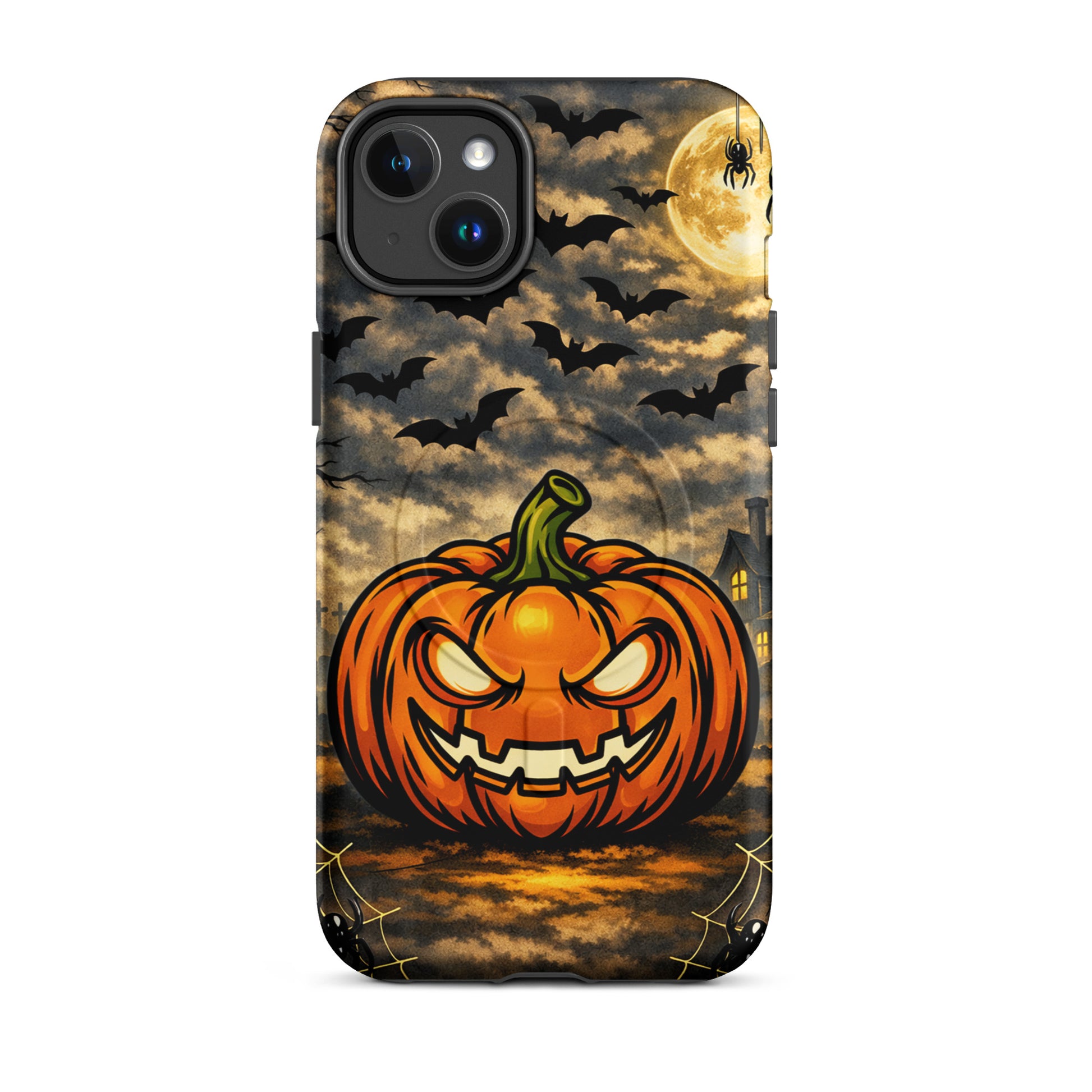 Magnetic Phone Case for iPhone with haunted pumpkin, swirling bats, moonlit clouds, and spooky Halloween scene.