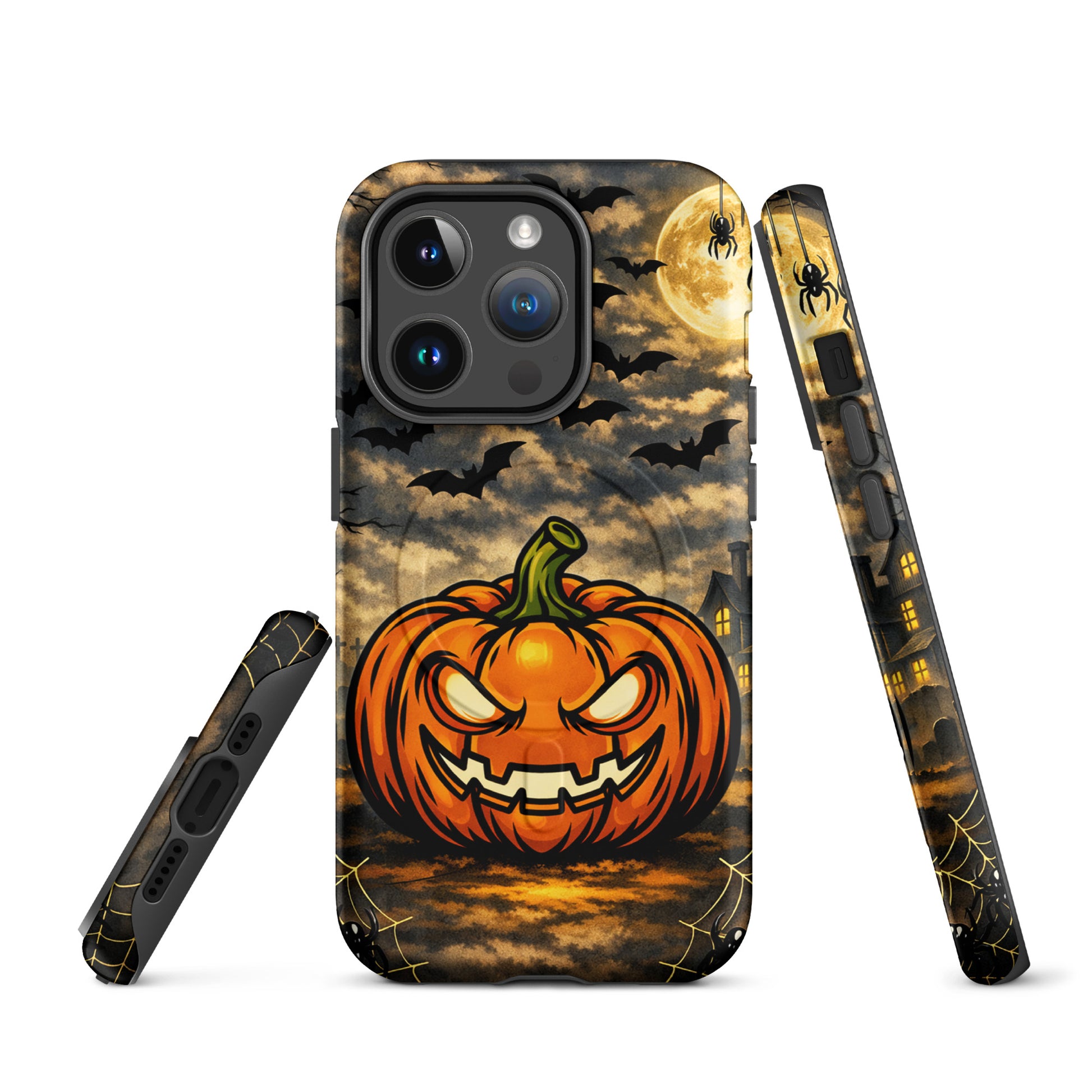 Magnetic Phone Case with Halloween pumpkin and haunted house design for iPhone, featuring bats and moonlit clouds.