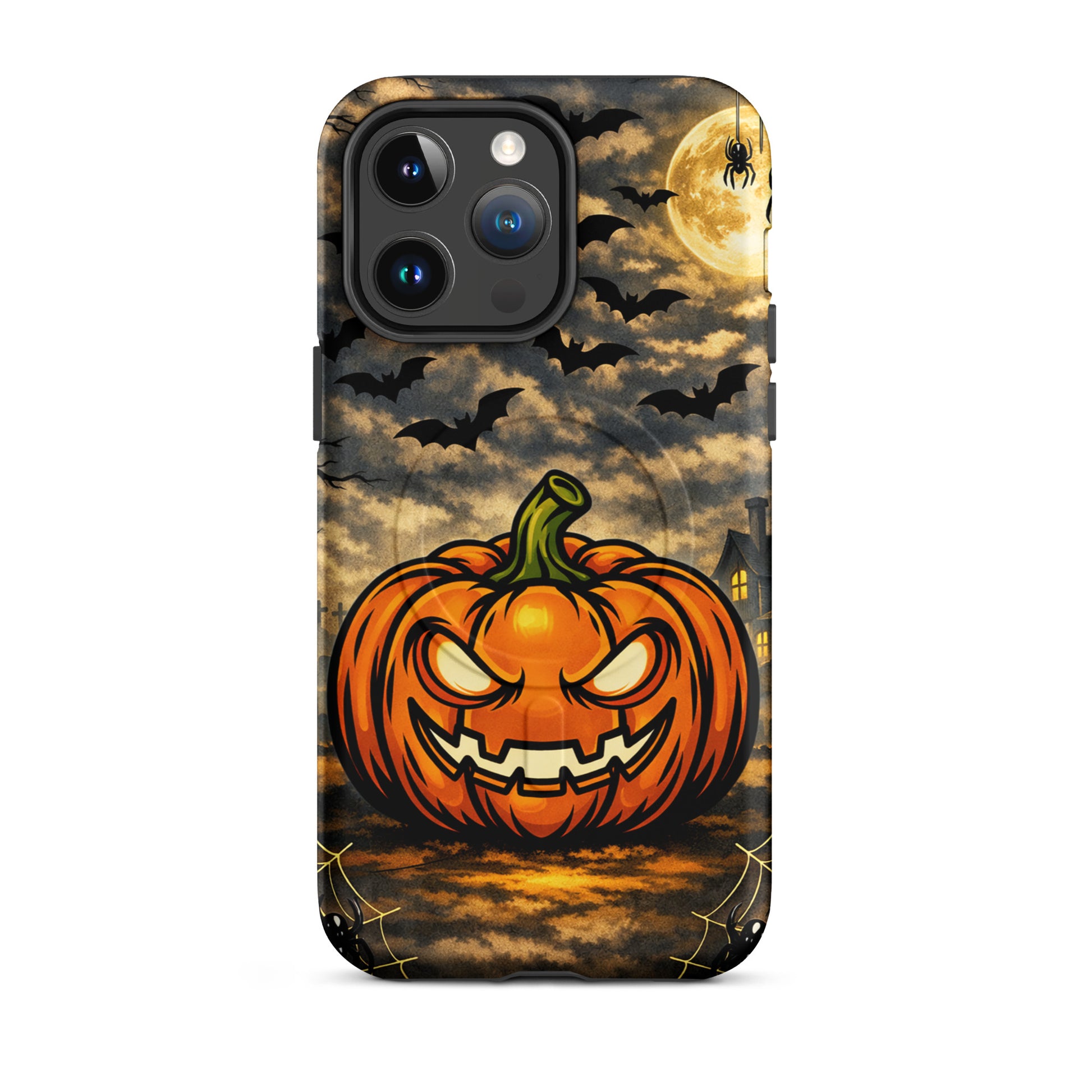 Magnetic Phone Case featuring glowing jack-o’-lantern and bats under a full moon, perfect for Halloween lovers.