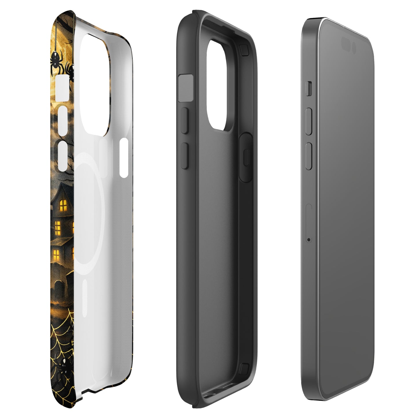 Magnetic Phone Case with haunted Halloween design and glowing jack-o'-lantern, showing three views including swirling bats and moonlit clouds.