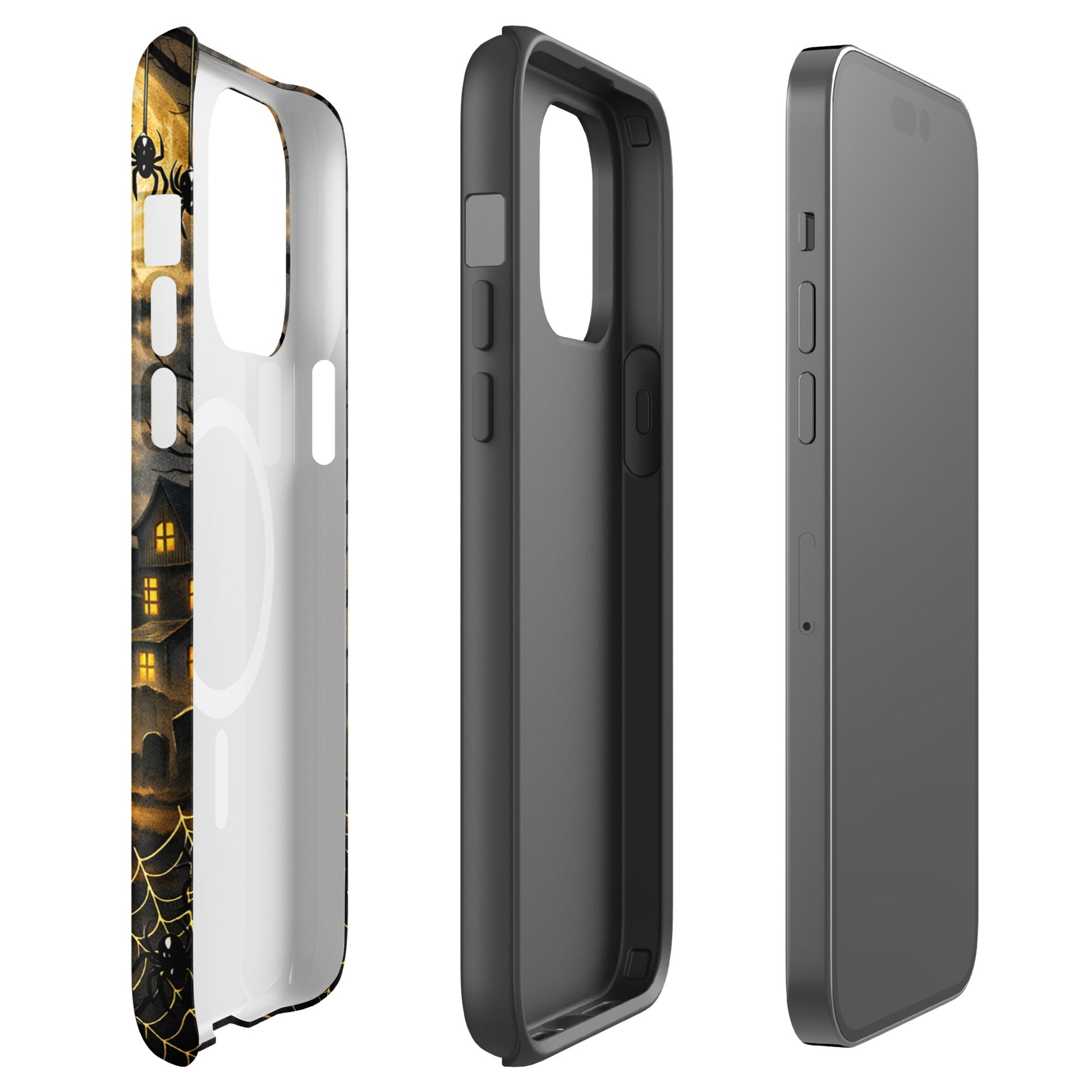 Magnetic Phone Case with haunted Halloween design and glowing jack-o'-lantern, showing three views including swirling bats and moonlit clouds.