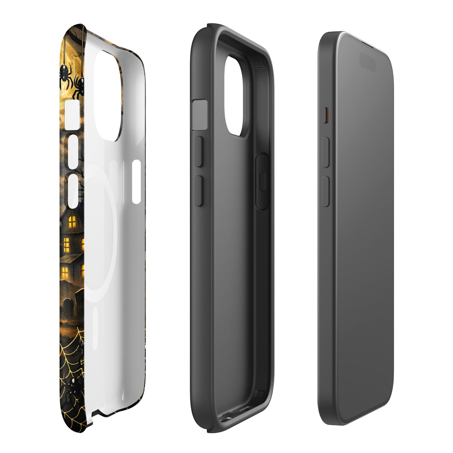 Magnetic Phone Case with Halloween design featuring pumpkins, bats, and haunted house scenes, fits iPhone.