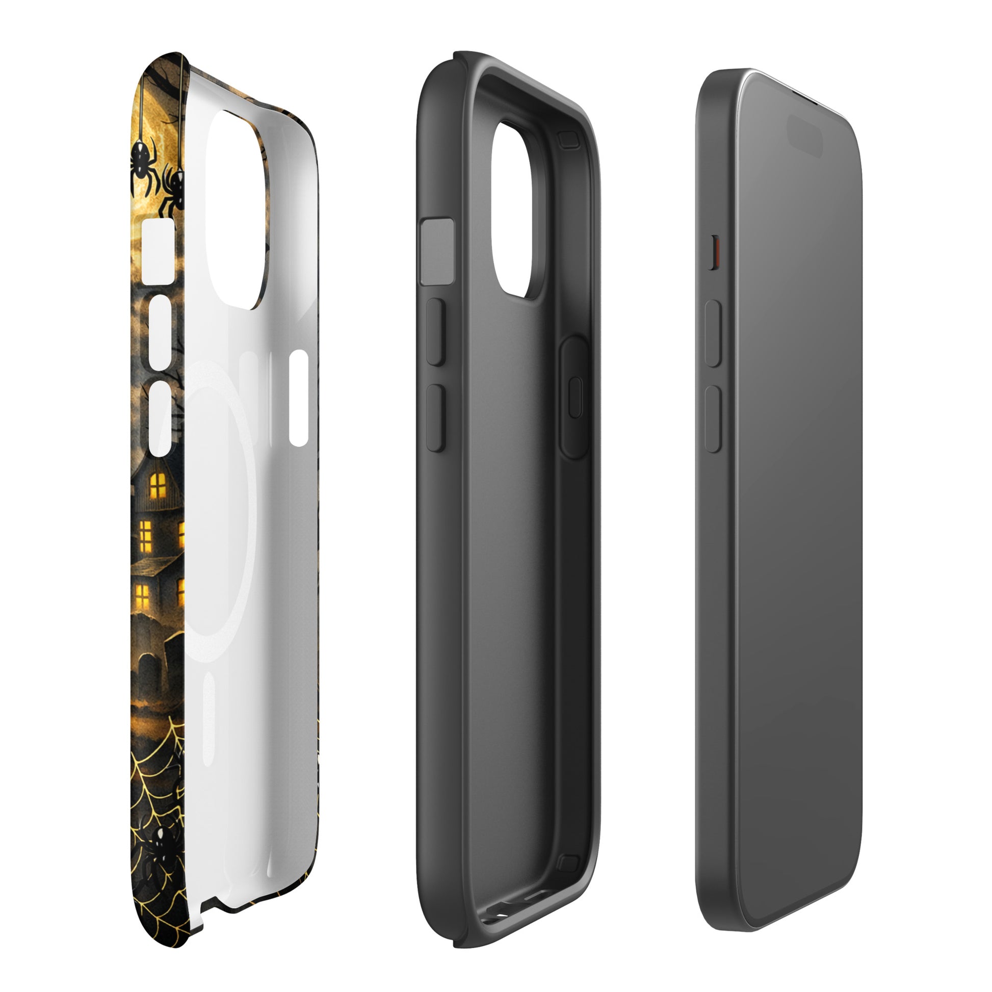 Magnetic Phone Case with Halloween design featuring pumpkins, bats, and haunted house scenes, fits iPhone.