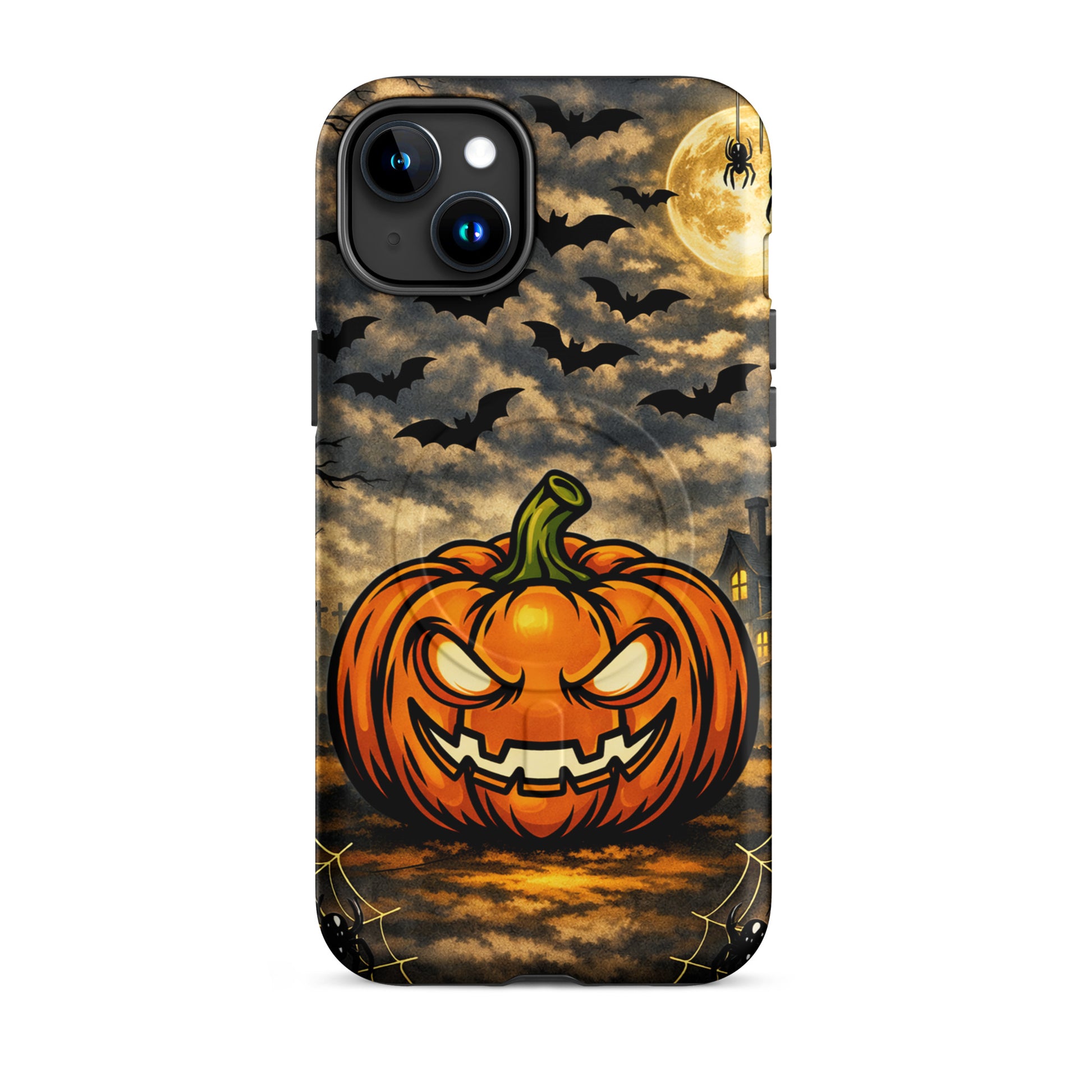 Magnetic Phone Case with haunted pumpkin, bats, and moonlit Halloween scene for iPhone.