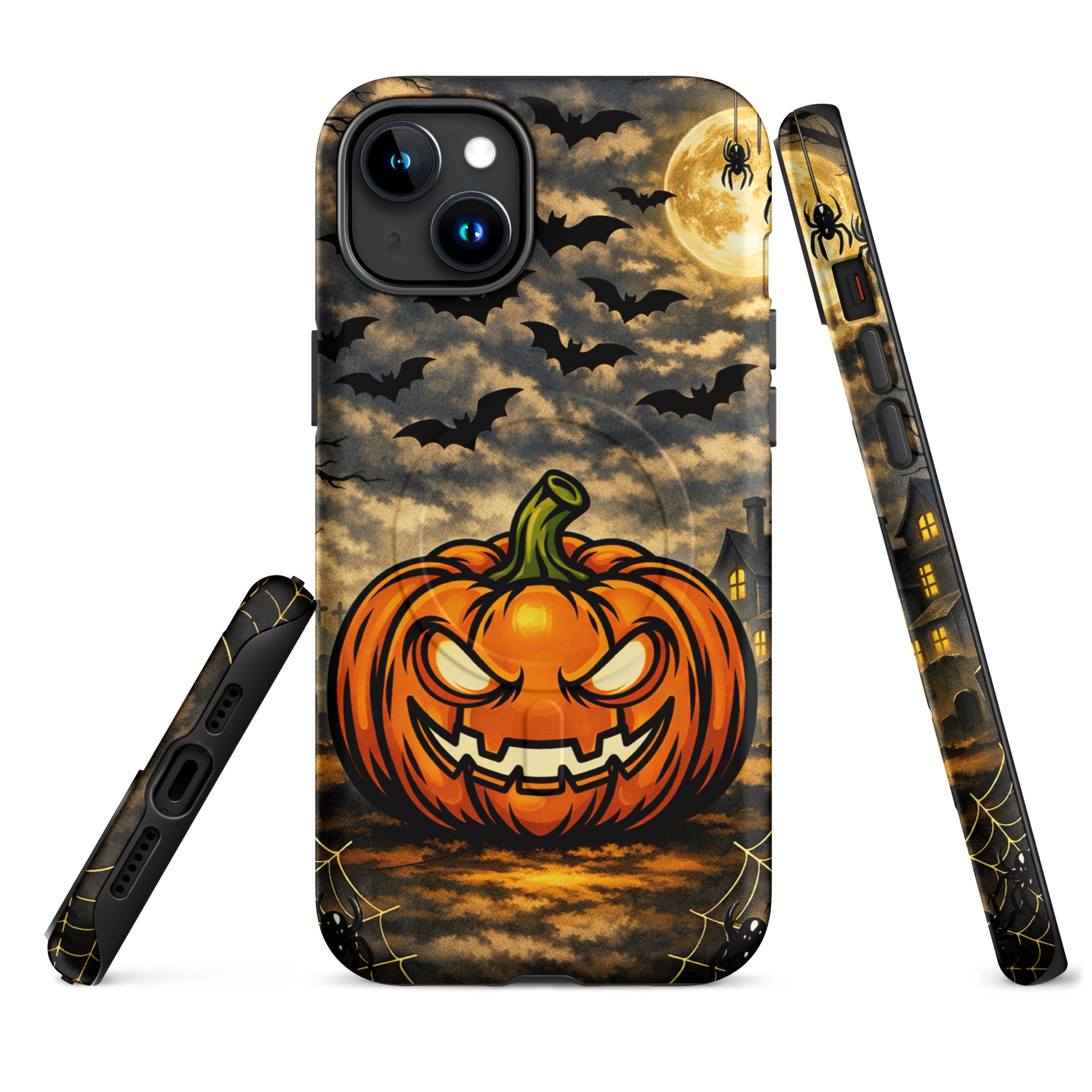 Magnetic Phone Case with haunted pumpkin, bats, and moonlit Halloween scene for iPhone.