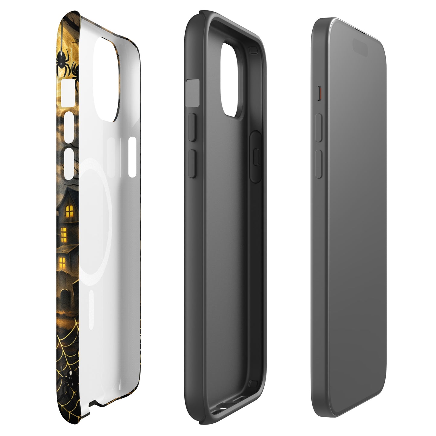 Magnetic Phone Case with Halloween design featuring glowing pumpkins, bats, haunted house, and moon for iPhone.