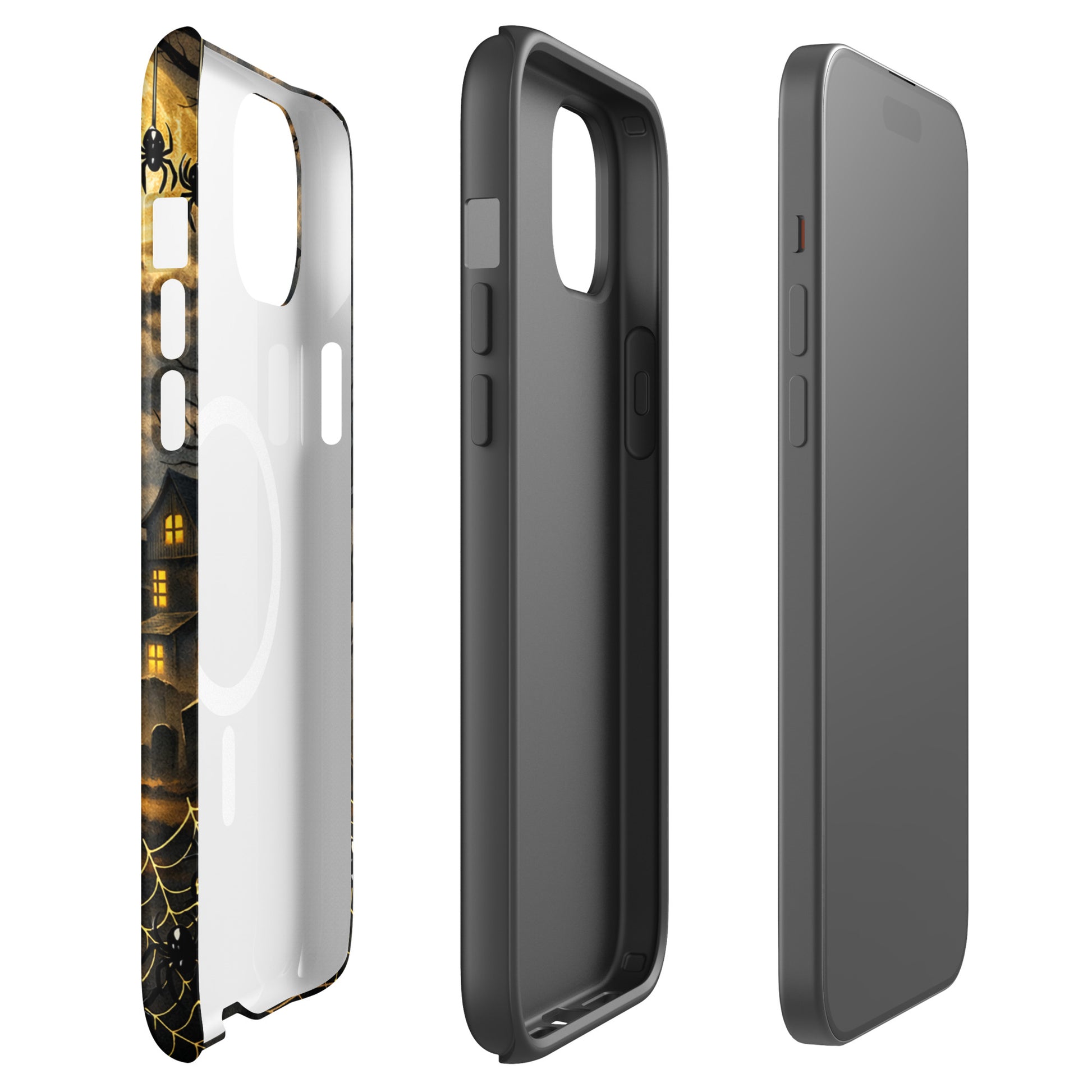 Magnetic Phone Case with Halloween design featuring glowing pumpkins, bats, haunted house, and moon for iPhone.