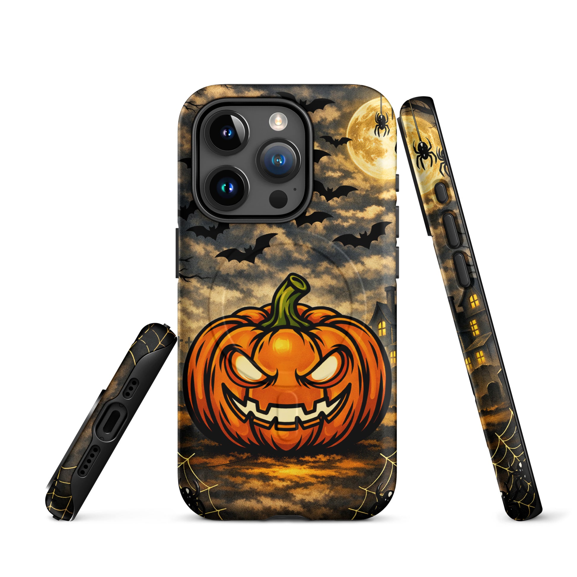 Magnetic Phone Case with Halloween design of jack-o’-lantern, moonlit clouds, bats, and haunted house on display.