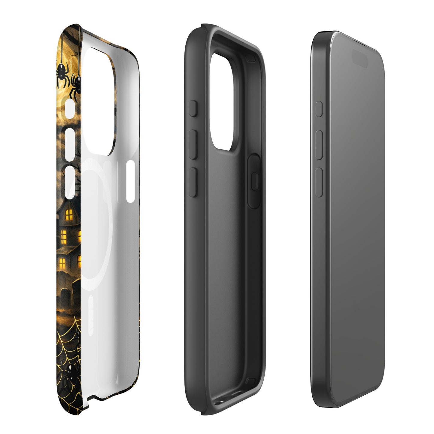 Magnetic Phone Case for iPhone with Halloween haunted pumpkin scene, featuring bats, moonlit clouds, and a spooky house.