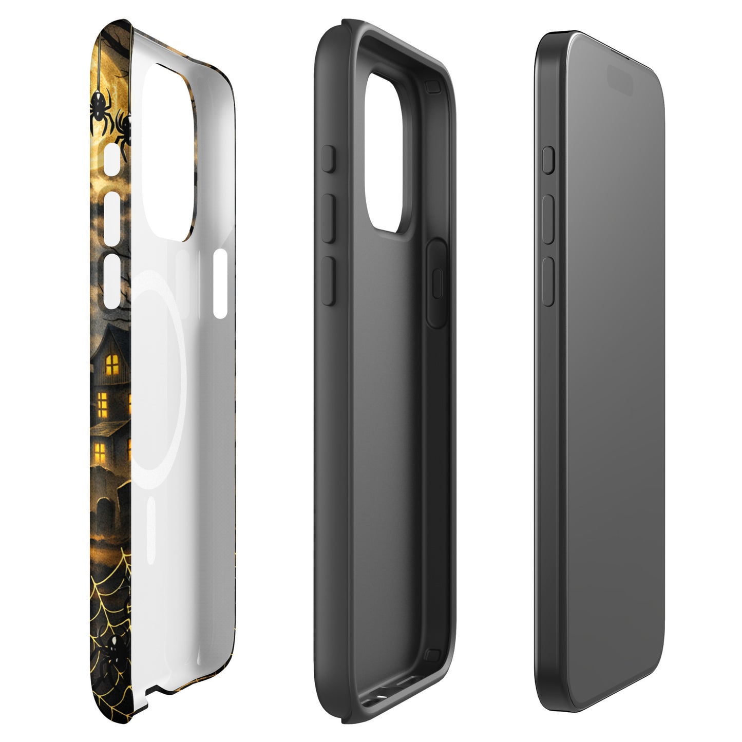 Magnetic Phone Case with Halloween haunted pumpkin design, featuring bats, clouds, and a spooky house, for iPhone protection.