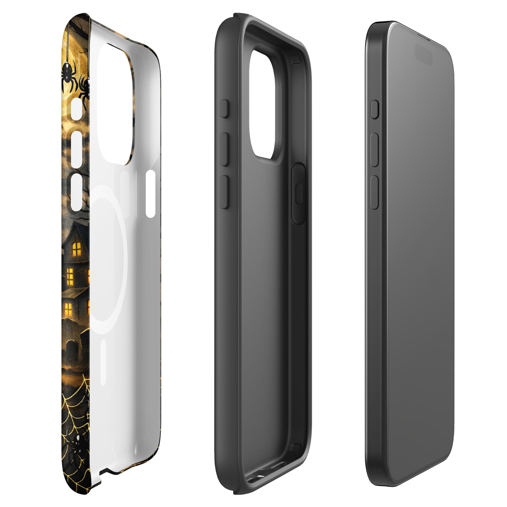 Magnetic Phone Case with Halloween haunted pumpkin design, featuring bats, clouds, and a spooky house, for iPhone protection.