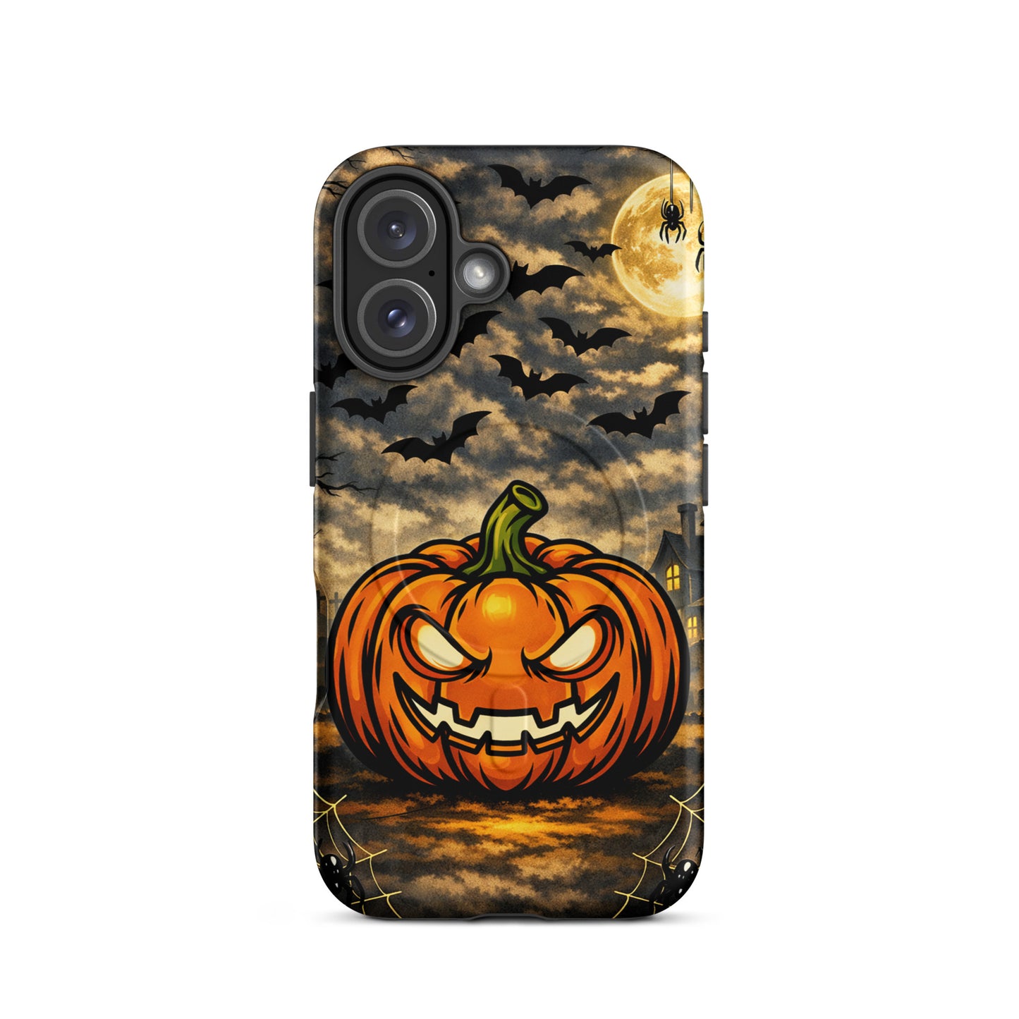 Magnetic Phone Case with Halloween pumpkin, bats, moon, and haunted house design for iPhone.