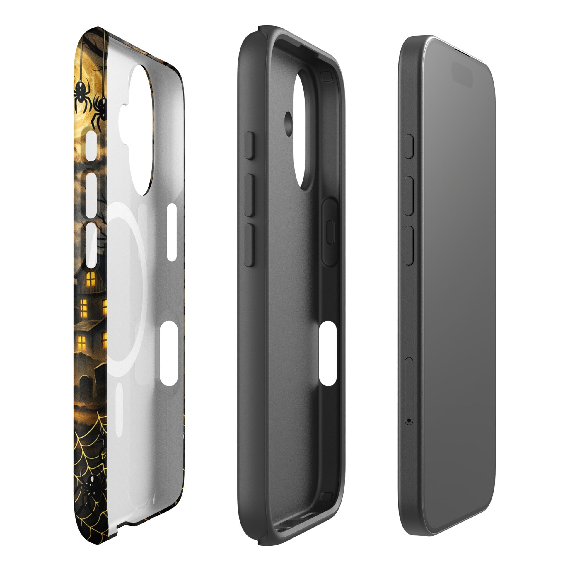 Magnetic Phone Case with Halloween jack-o’-lantern, bats, moonlit clouds, and haunted house design for iPhone.
